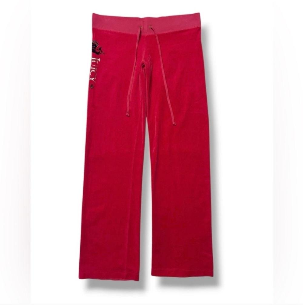 JUICY COUTURE Red Velour Low Rise Flare Lounge Pants Rhinestone